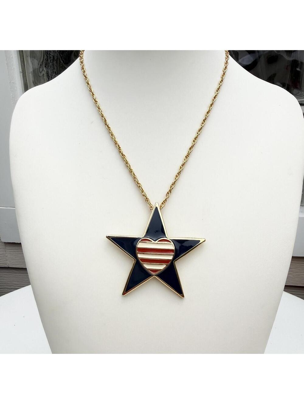 Vintage Signed Rion Patriotic Necklace. Red White Blue Heart and Star.